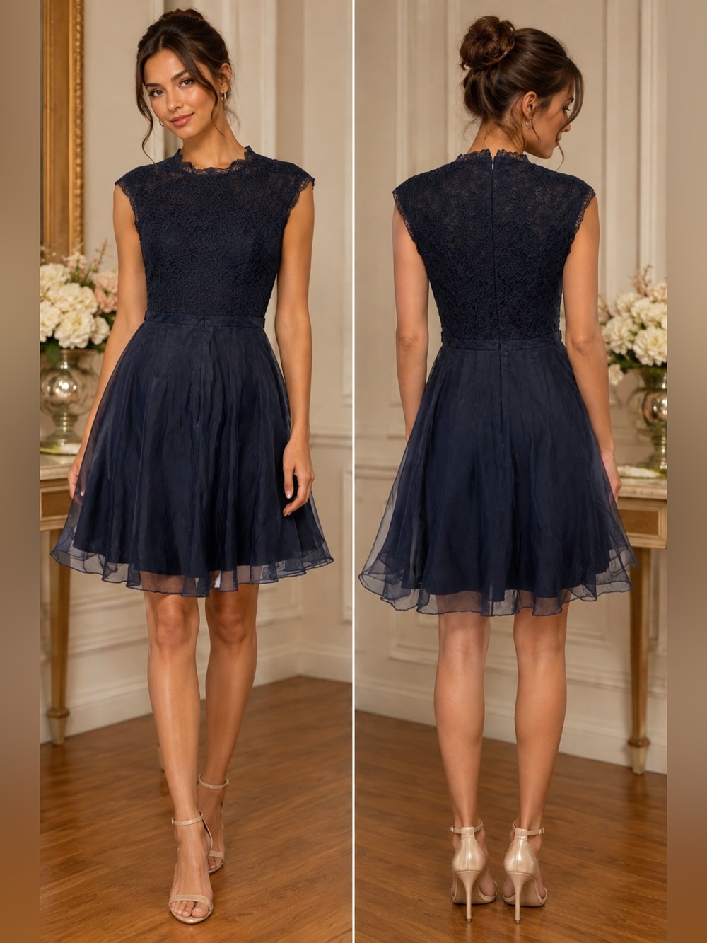 Ted Baker Navy Blue Lace Organza Fit & Flare Hoco Cocktail Dress 1 US 4 NWOT